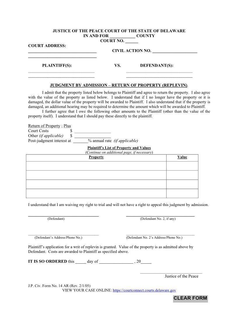 Judgment By Admission - Return Of Property (Replevin) {CF14AR} | Pdf Fpdf Doc Docx | Delaware