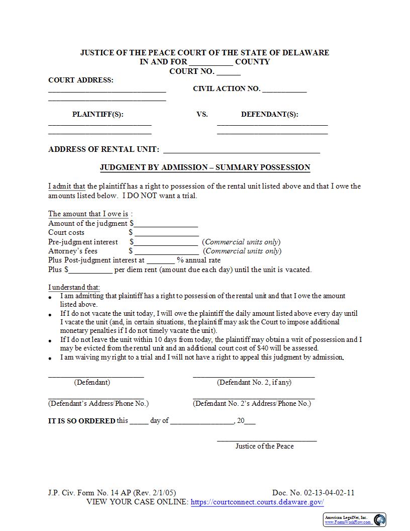 Judgment By Admission-Summary Possession {CF14AP} | Pdf Fpdf Docx | Delaware