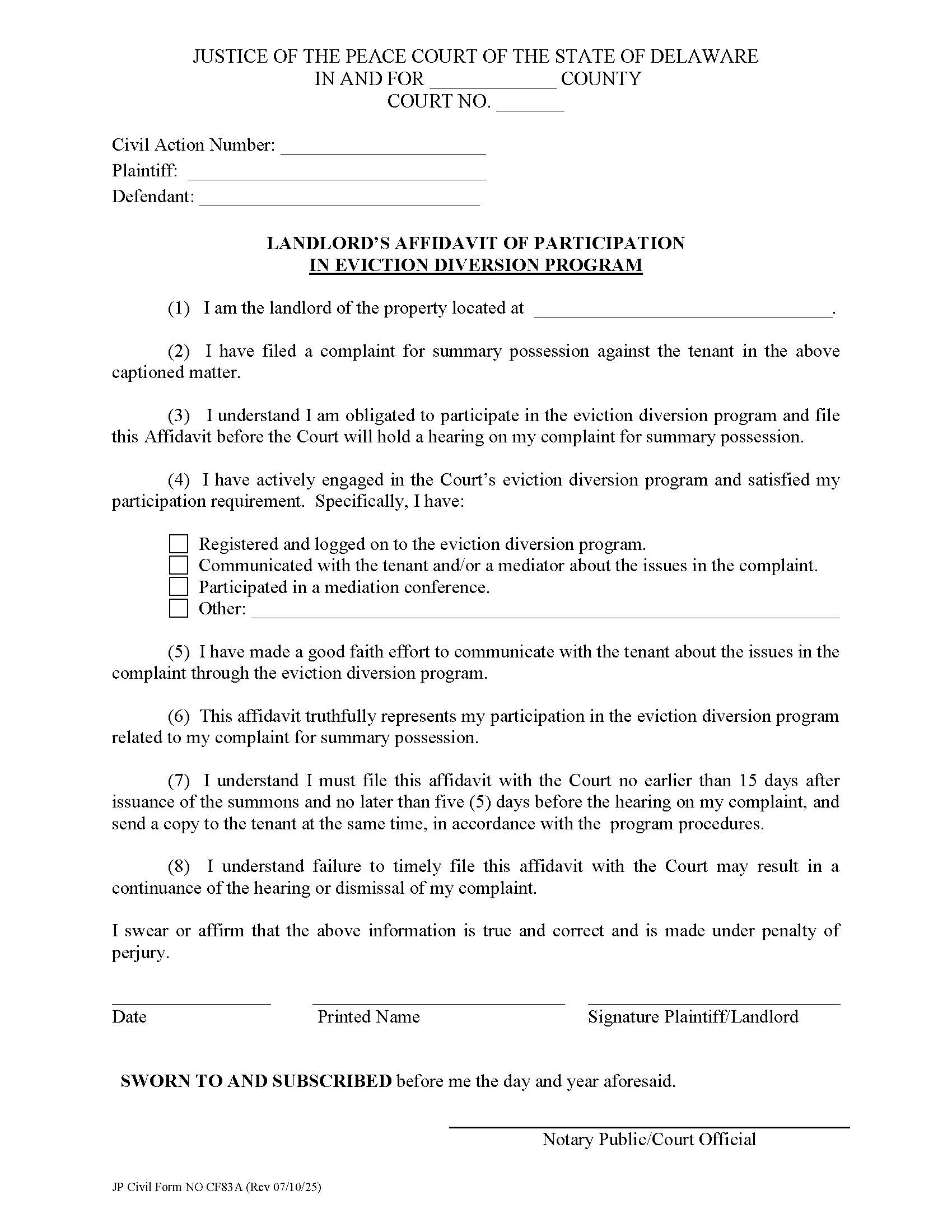 Landlords Affidavit Of Participation In Eviction Diversion Program {CF83A} | Pdf Fpdf Docx | Delaware