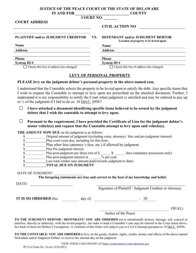 Levy Of Personal Property {CF16} | Pdf Fpdf Doc Docx | Delaware