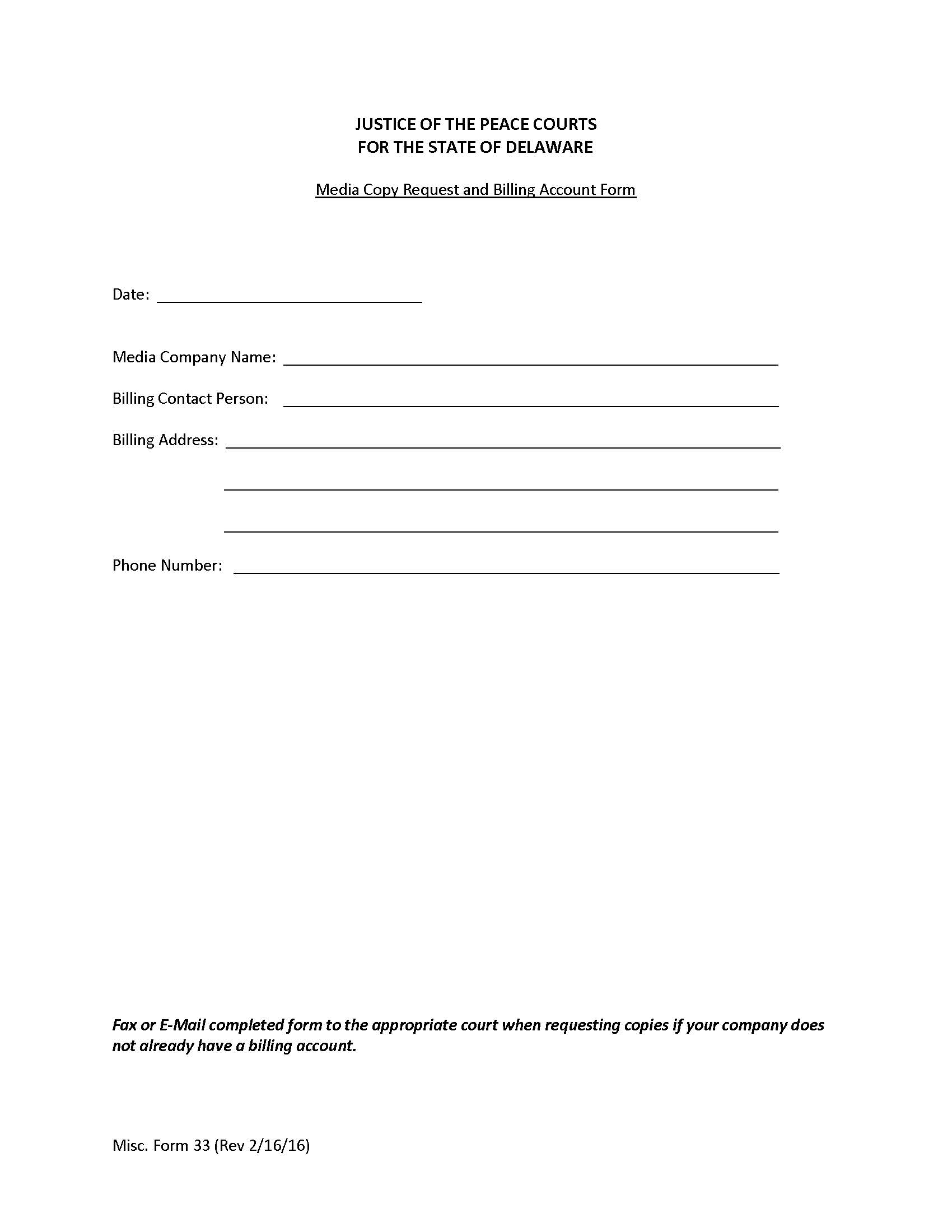 Media Copy Request And Billing Request Account Form {MISC33} | Pdf Fpdf Doc Docx | Delaware