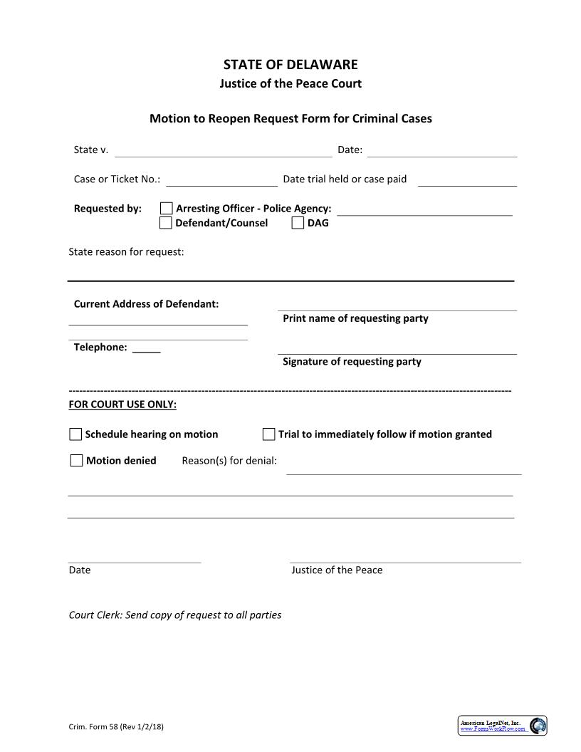 Motion To Reopen Request Form For Criminal Cases {CRF58} | Pdf Fpdf Docx | Delaware