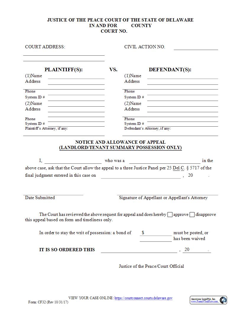 Notice An Allowance Of Appeal Landlord-Tenant Summary Possession Order {CF32} | Pdf Fpdf Docx | Delaware