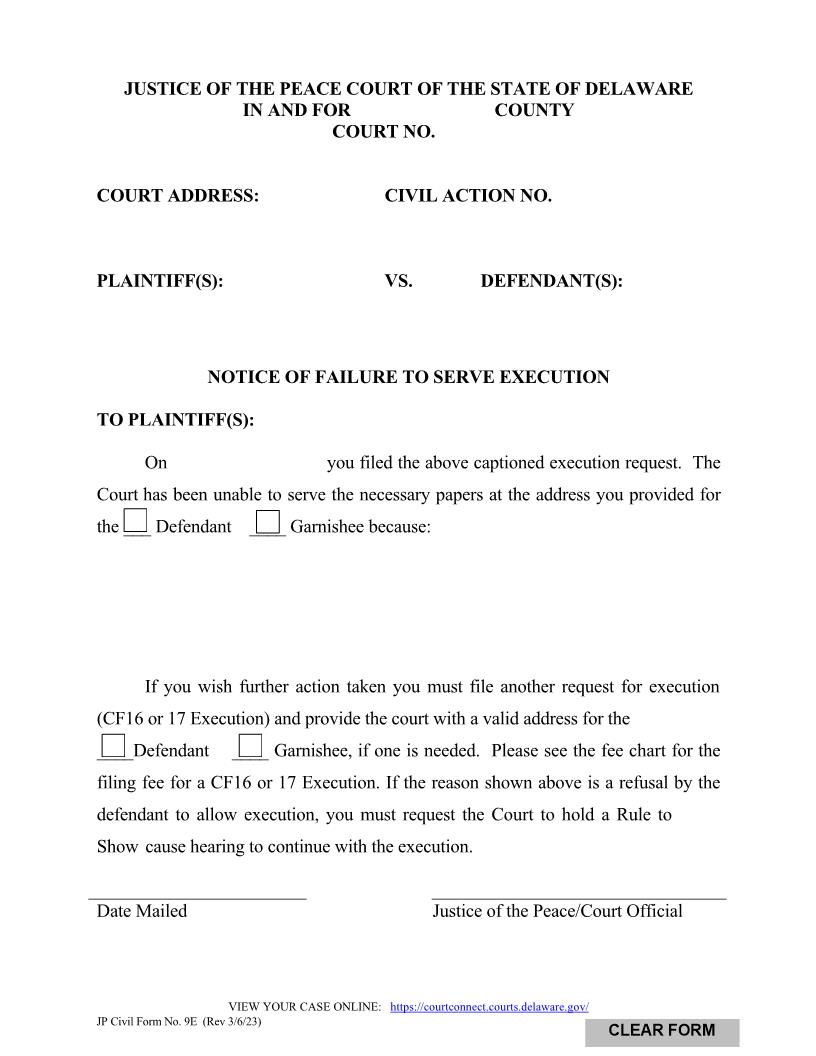 Notice Of Failure To Serve Execution {CF09e} | Pdf Fpdf Docx | Delaware