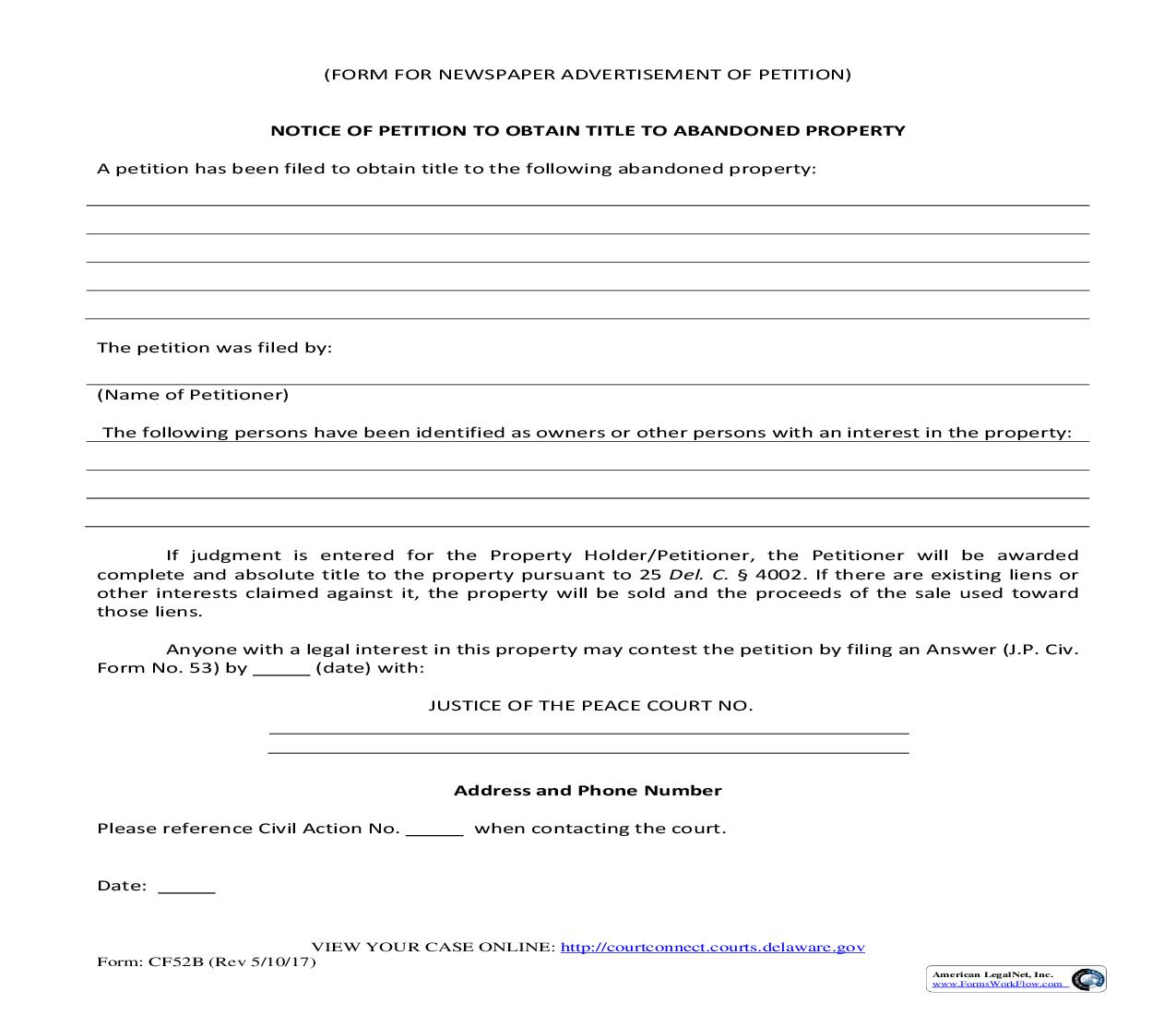 Notice Of Petition To Obtain Title To Abandoned Property {CF52B} | Pdf Fpdf Doc Docx | Delaware