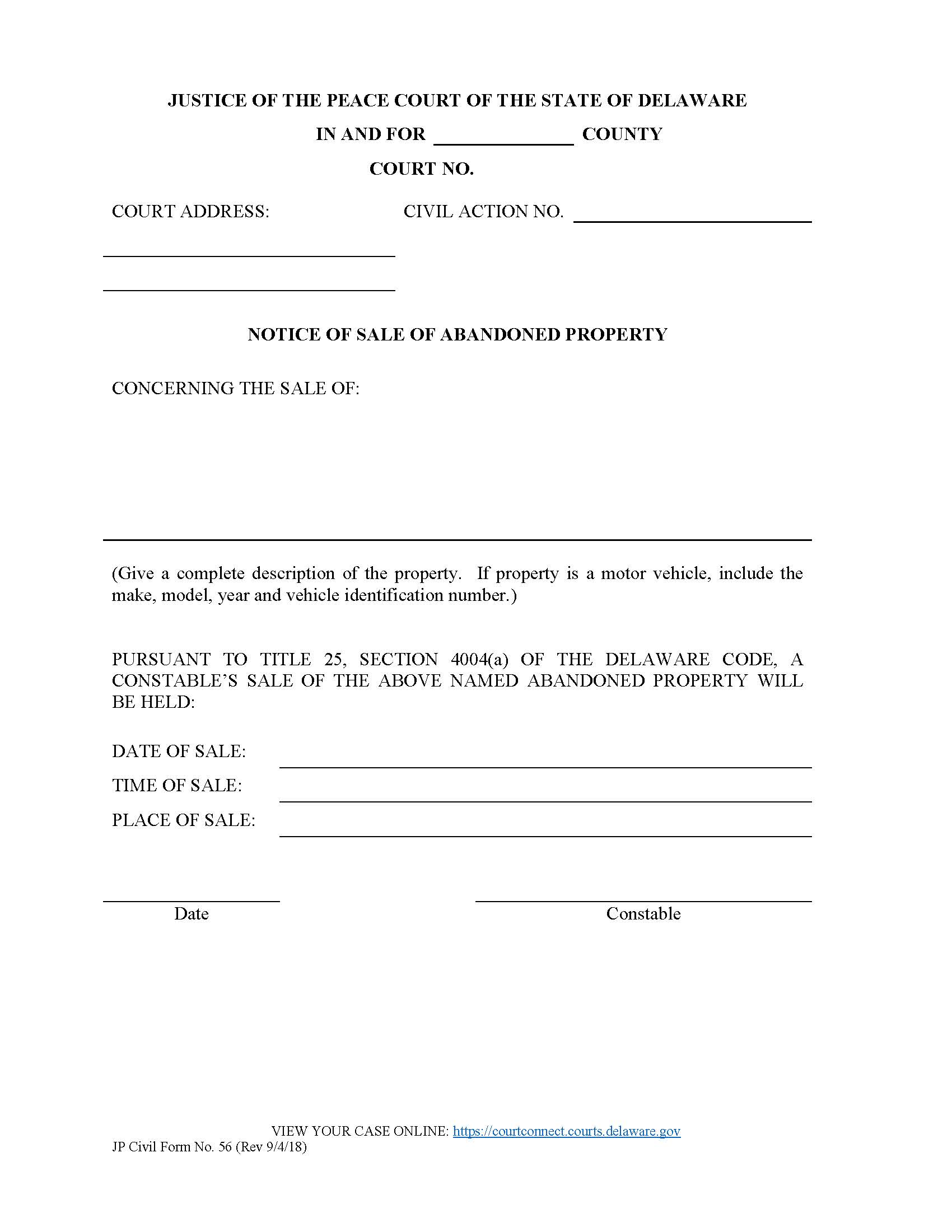Notice Of Sale Of Abandoned Property {CF56} | Pdf Fpdf Doc Docx | Delaware