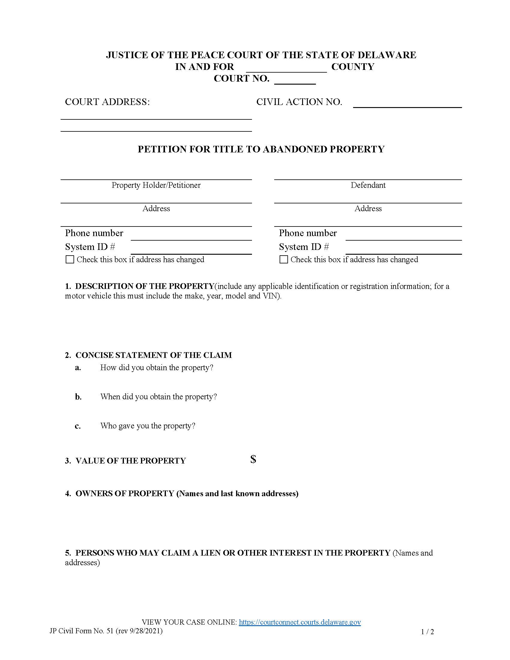 Petition For Title To Abandoned Property {CF51} | Pdf Fpdf Doc Docx | Delaware