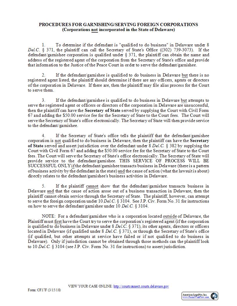 Procedures For Garnishing Serving Foreign Corporations {C17F} | Pdf Fpdf Doc Docx | Delaware