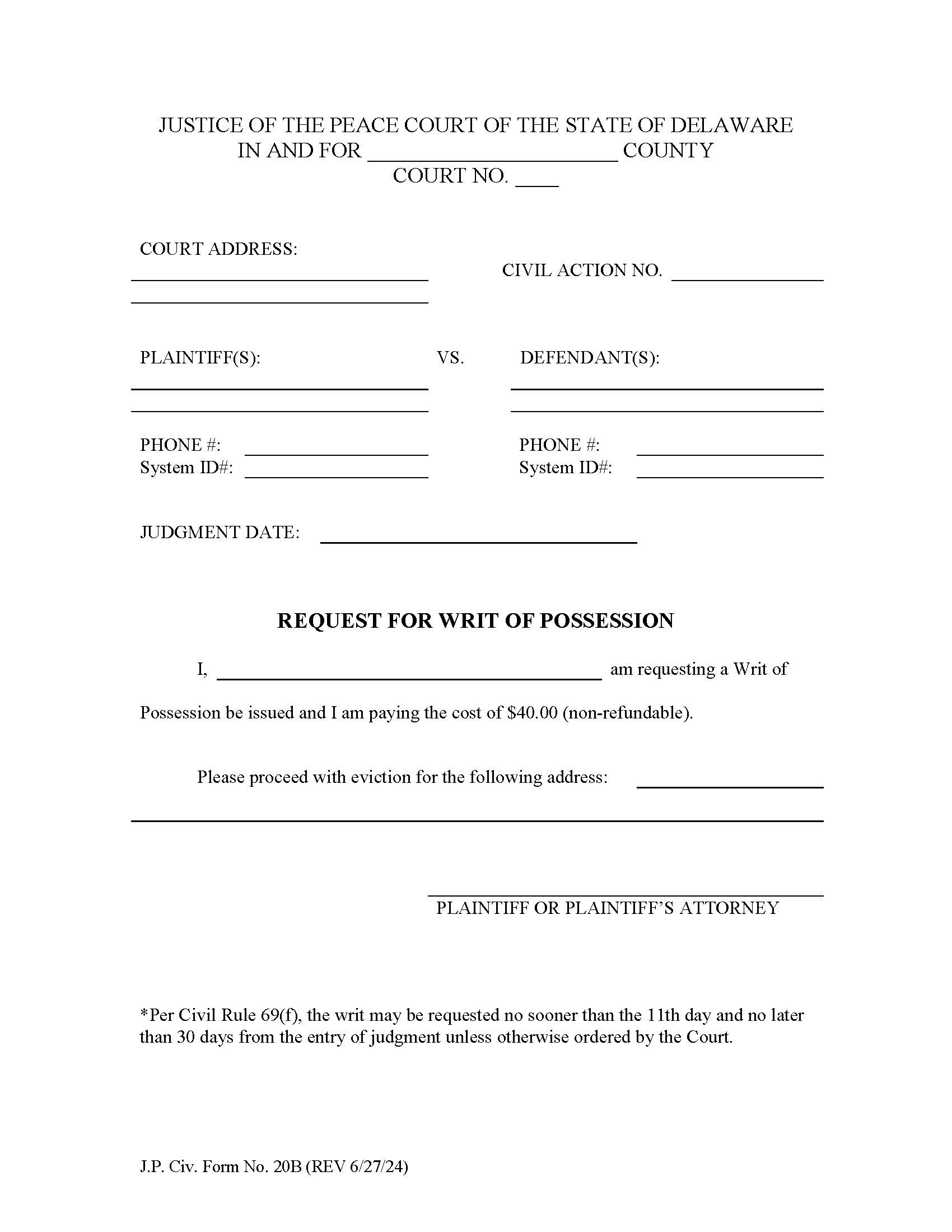 Request For Writ Of Possession {CF20B} | Pdf Fpdf Docx | Delaware