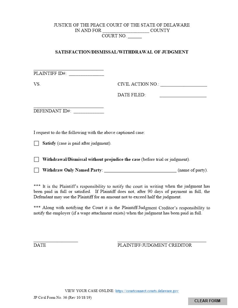 Satisfaction Or Dismissal Or Withdrawal Of Judgment {CF36} | Pdf Fpdf Doc Docx | Delaware