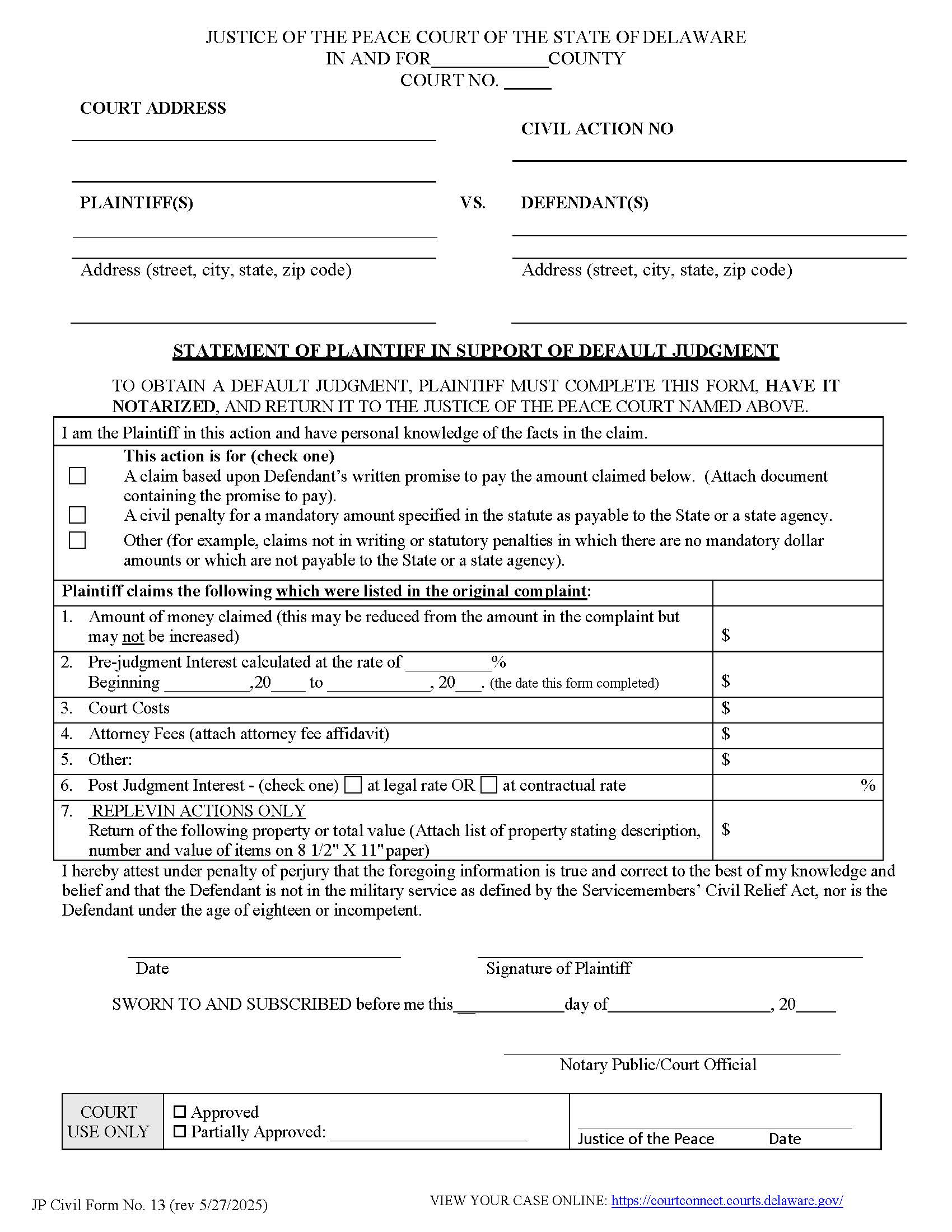 Statement Of Plaintiff In Support Of Default Judgment {CF13} | Pdf Fpdf Docx | Delaware