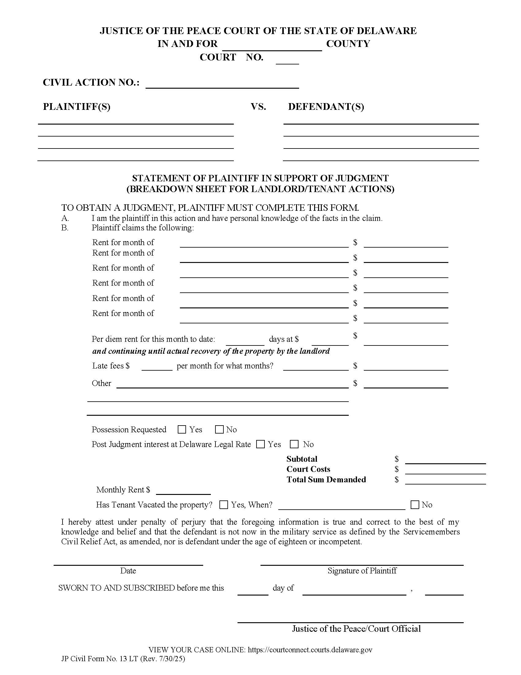 Statement Of Plaintiff In Support Of Default Judgment (Landlord-Tentant) {CF13LT} | Pdf Fpdf Doc Docx | Delaware