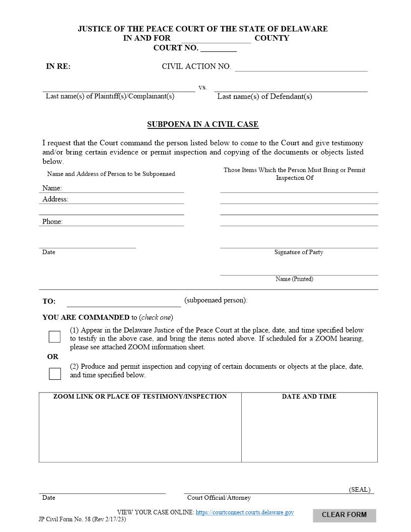 Subpoena In A Civil Case {CF58} | Pdf Fpdf Doc Docx | Delaware