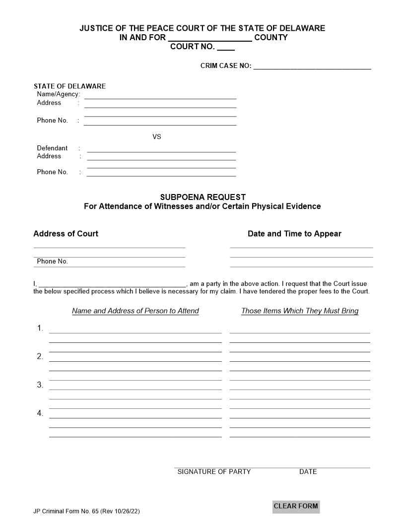 Subpoena Request {CRF65} | Pdf Fpdf Docx | Delaware