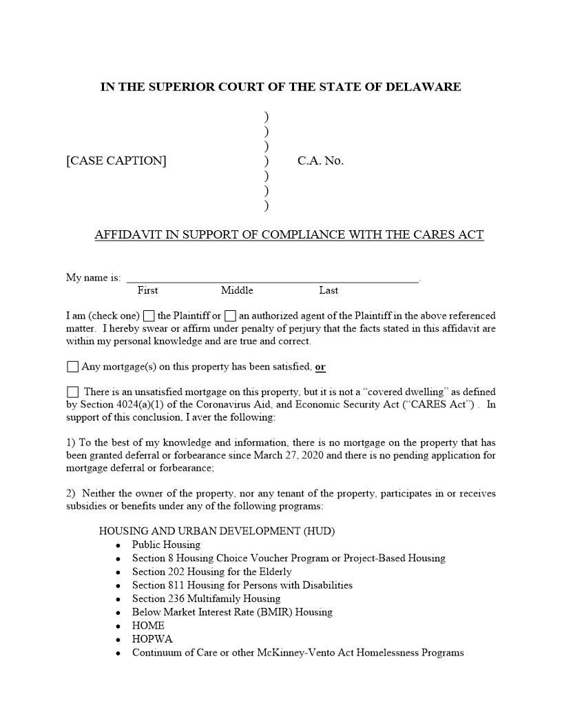 Affidavit In Support Of Compliance With The Cares Act {A_ORD_2020_8} | Pdf Fpdf Docx | Delaware
