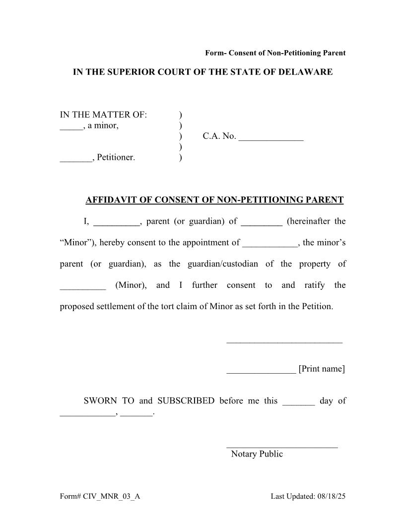 Affidavit Of Consent Of Non-Petitioning Parent {CIV_MNR_03_A} | Pdf Fpdf Docx | Delaware