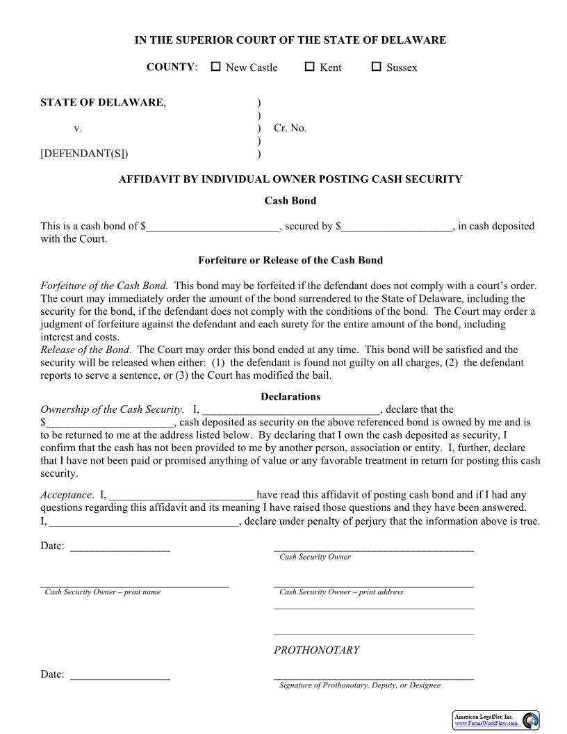 Bail Affidavit By Individual Owner Posting Cash Security {CRM-BAI-01-A} | Pdf Fpdf Docx | Delaware