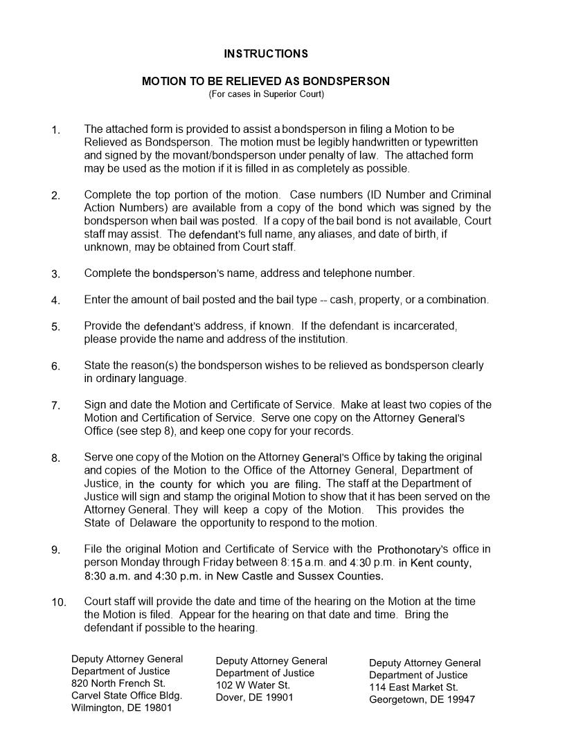 Bail Motion For Relief As Bondsperson With Instructions {CRM-BAI-03-A} | Pdf Fpdf Doc Docx | Delaware