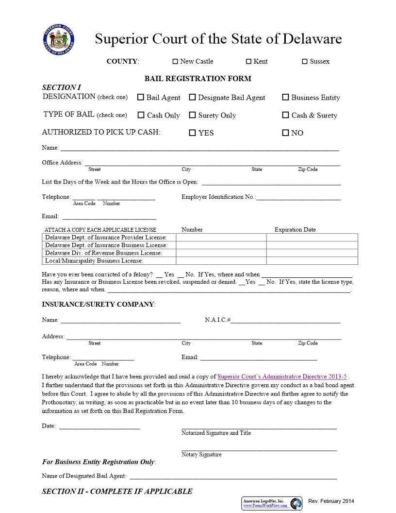 Bail Registration Form (For Bail Agent Or Business Entity) {CRM-BAI-02-A} | Pdf Fpdf Docx | Delaware
