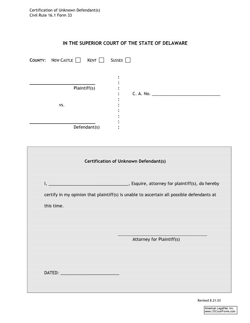 Certification Of Unknown Defendant(s) (Form 33) {CIV-CIV-03-A} | Pdf Fpdf Docx | Delaware