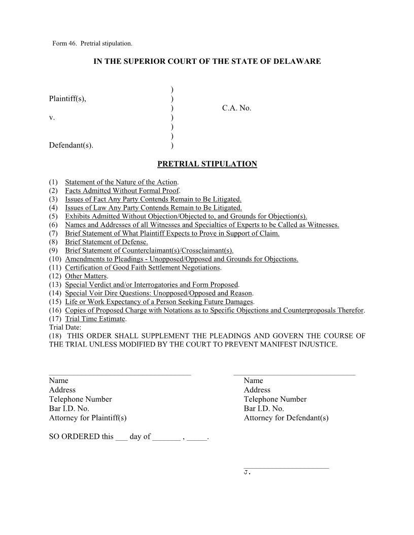 Civil Form 46 For Pretrial Stipulations (Form 46) {CIV-CIV-12-A} | Pdf Fpdf Docx | Delaware
