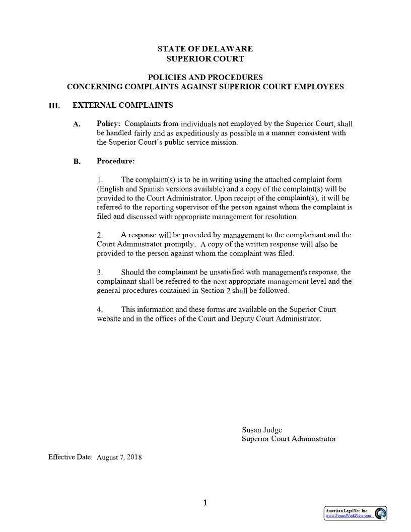 Complaint Form (Policy And Procedure With English And Spanish Forms) {ADM-ADM-04-A} | Pdf Fpdf Docx | Delaware