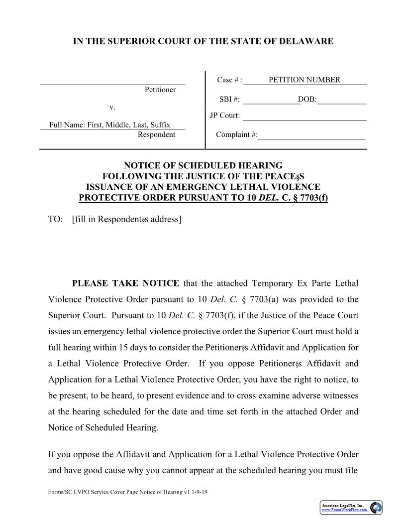 Cover Document To Be Served With Order And Notice Of Scheduling Hearing {HB222} | Pdf Fpdf Docx | Delaware