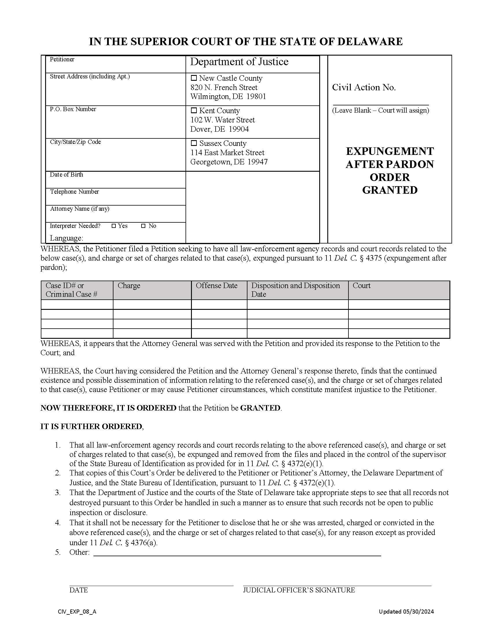 Expungement New Order Granting After Pardon {CIV-EXP-08-A} | Pdf Fpdf Docx | Delaware
