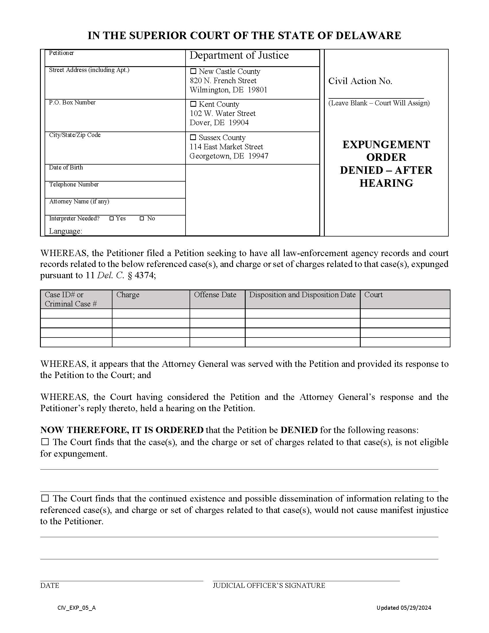 Expungement Order Denying After Hearing Form {CIV-EXP-05-A} | Pdf Fpdf Docx | Delaware