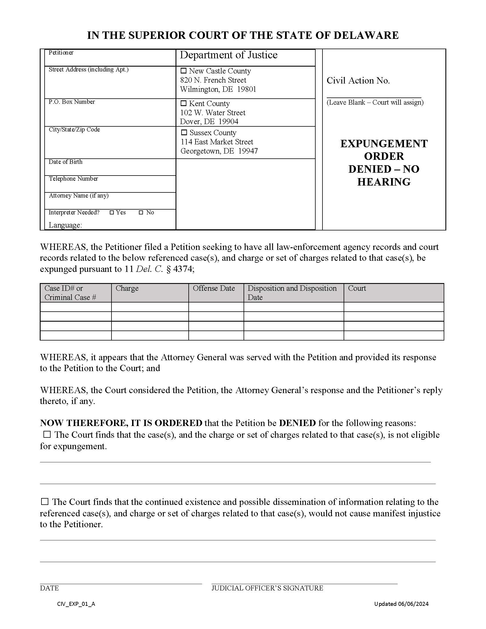 Expungement Order Denying-No Hearing Form {CIV-EXP-01-A} | Pdf Fpdf Docx | Delaware