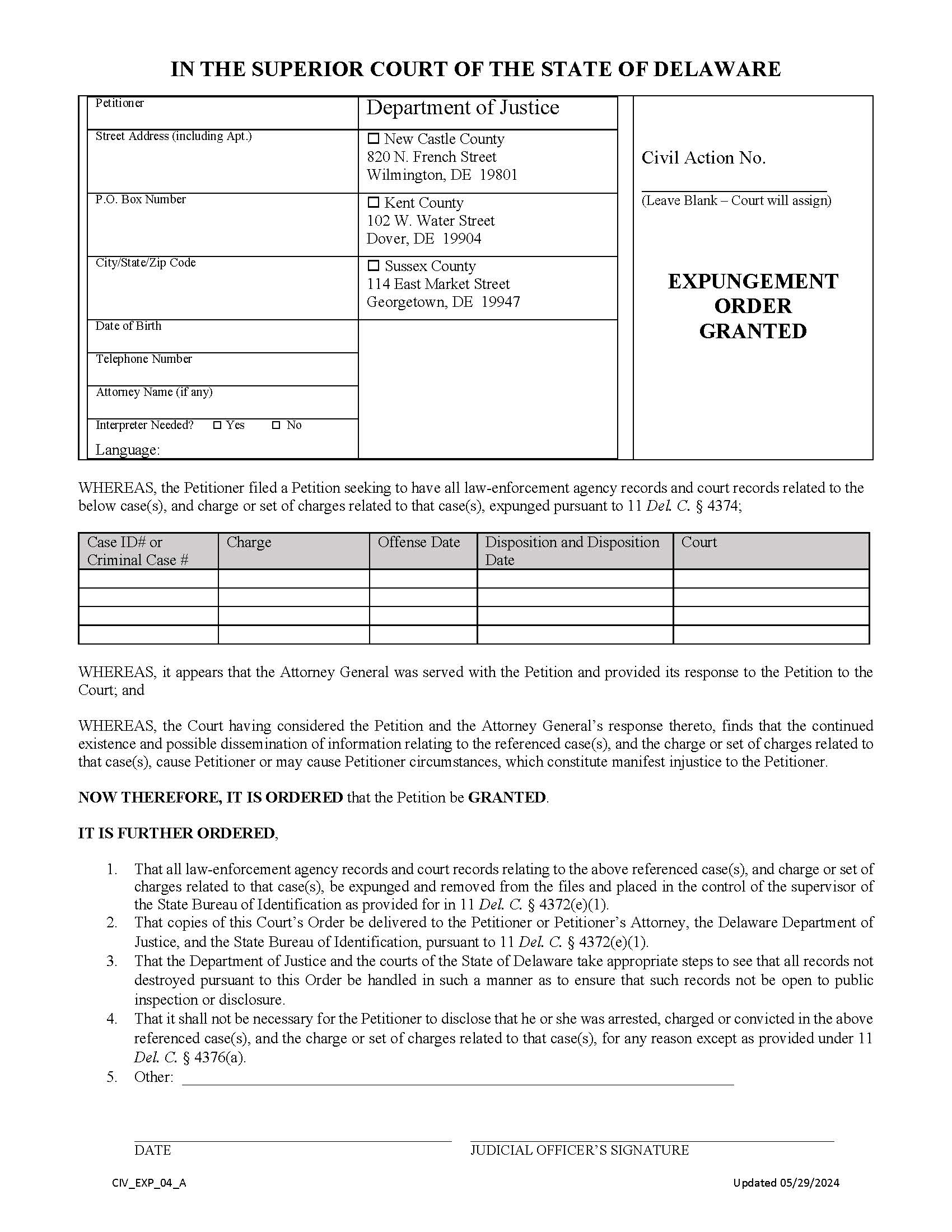 Expungement Order Granting Form {CIV-EXP-04-A} | Pdf Fpdf Docx | Delaware