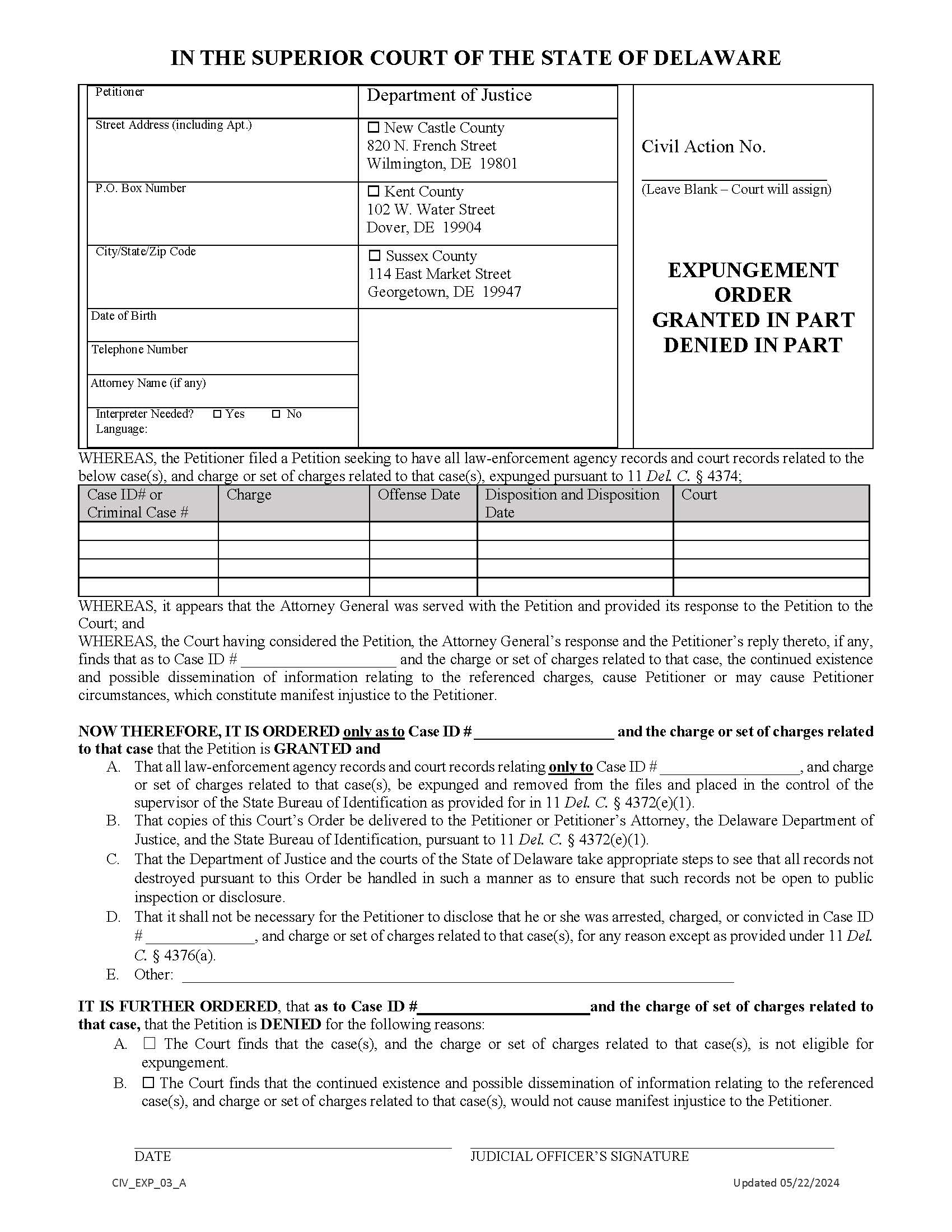 Expungement Order Granting-In Part and Denying In Part Form {CIV-EXP-03-A} | Pdf Fpdf Docx | Delaware