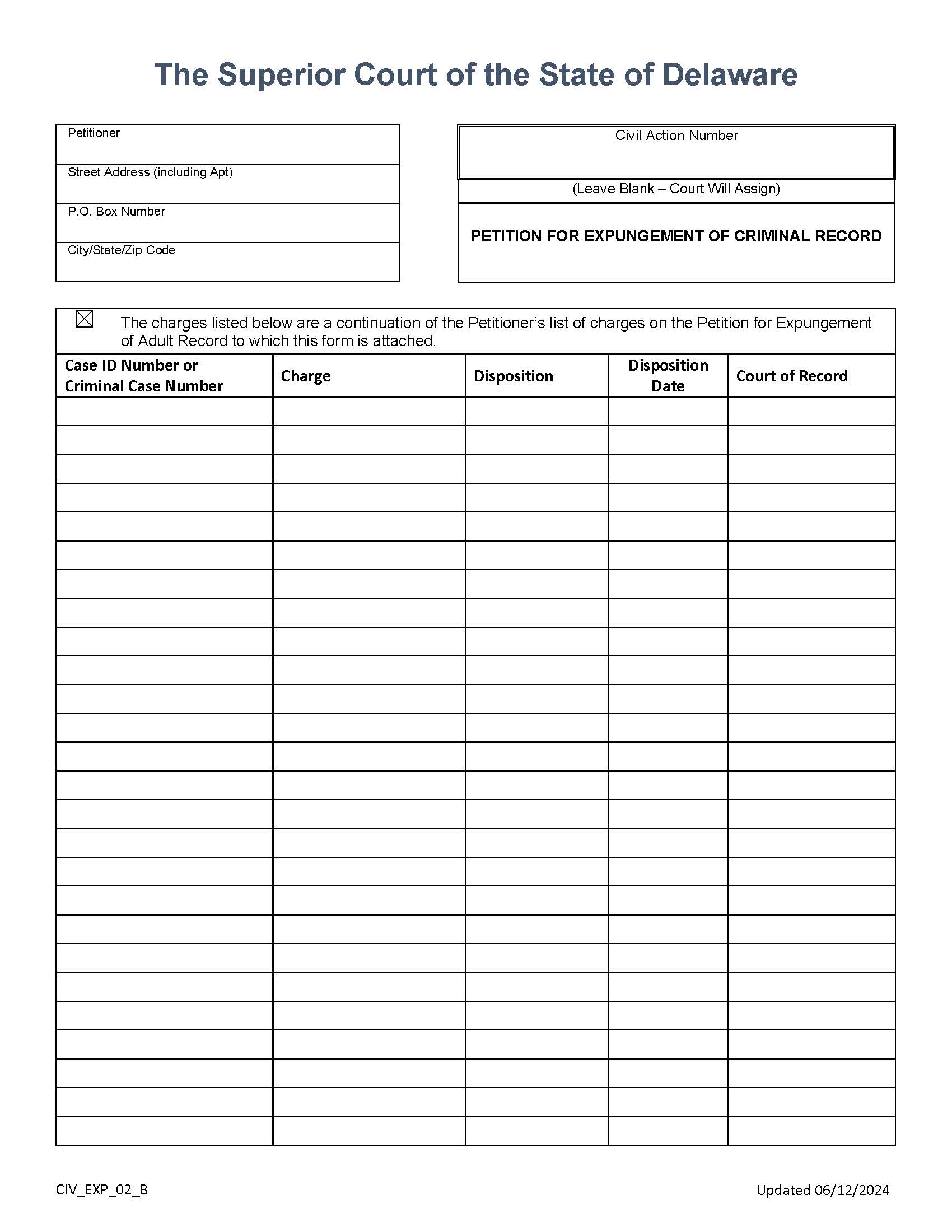 Expungement Petition Form Additional Charges Extension Sheet {CIV_EXP_02_B} | Pdf Fpdf Docx | Delaware