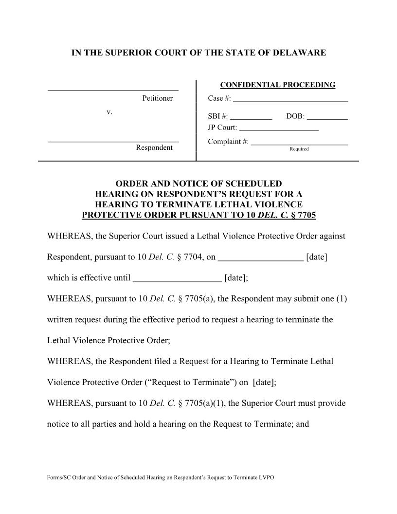 HB 222 Order To Schedule Hearing On Request To Terminate {LVPO CIV_LPO_10_A} | Pdf Fpdf Docx | Delaware