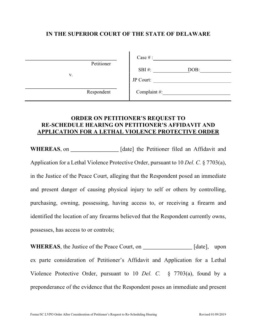 HB 222 Petitioners Request To Reschedule Hearing On Petition LPVO {CIV_LPO_03_A} | Pdf Fpdf Docx | Delaware