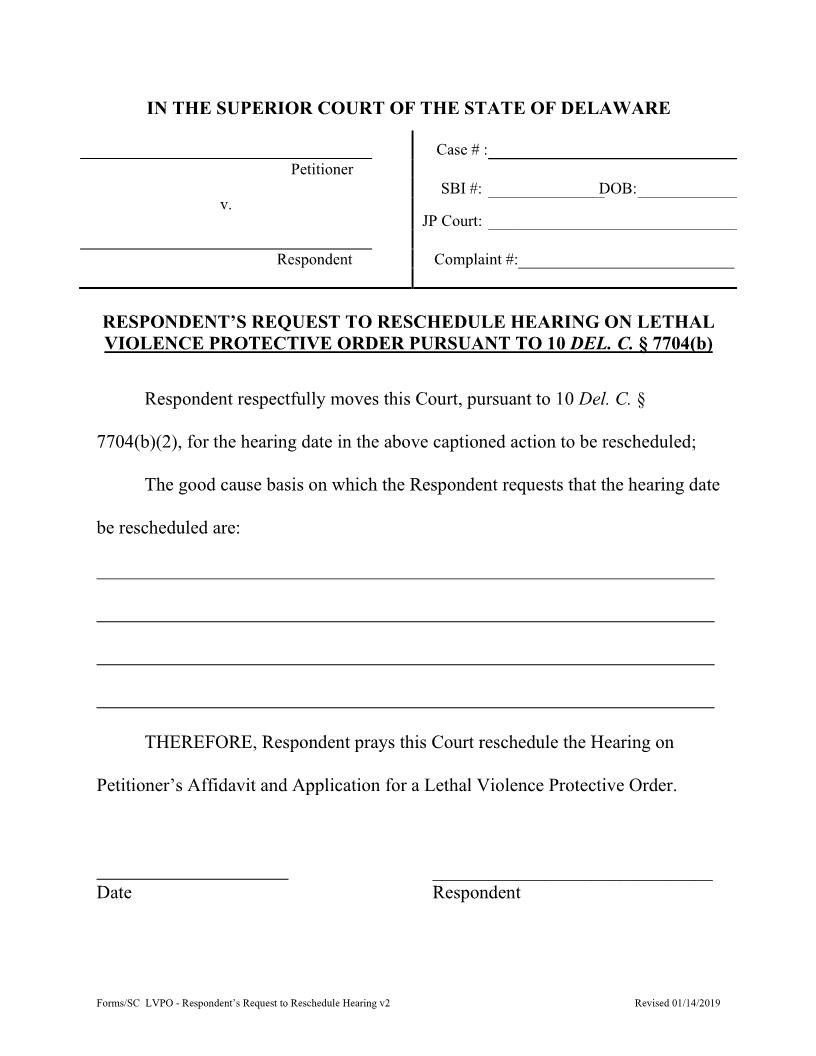HB 222 Respondents Request To Reschedule Hearing On Petition LPVO {CIV_LPO_05_A} | Pdf Fpdf Docx | Delaware