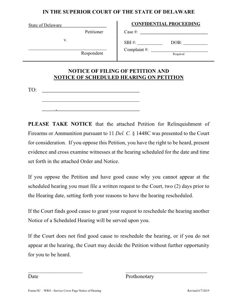 HB 302 Notice Of Petition And Order Scheduling Hearing-Cover Document {CIV_WRO_04_A} | Pdf Fpdf Docx | Delaware