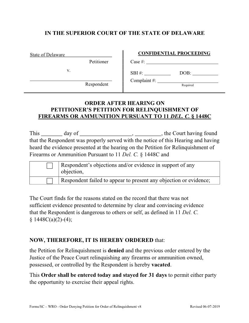 HB 302 Order Denying Petition For Order Of Relinquishment WRO {CIV_WRO_11_A} | Pdf Fpdf Docx | Delaware