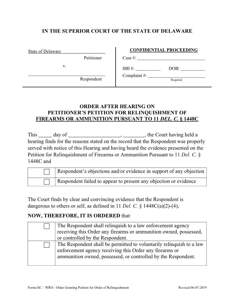 HB 302 Order Granting Order Of Relinquishment WRO {CIV_WRO_10_A} | Pdf Fpdf Docx | Delaware