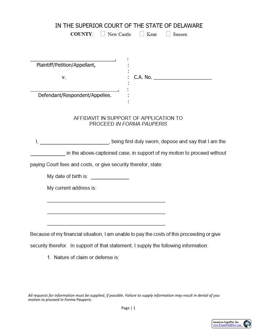 In Forma Pauperis Affidavit In Support Of Application To Proceed {CIV-CIV-07-A} | Pdf Fpdf Docx | Delaware