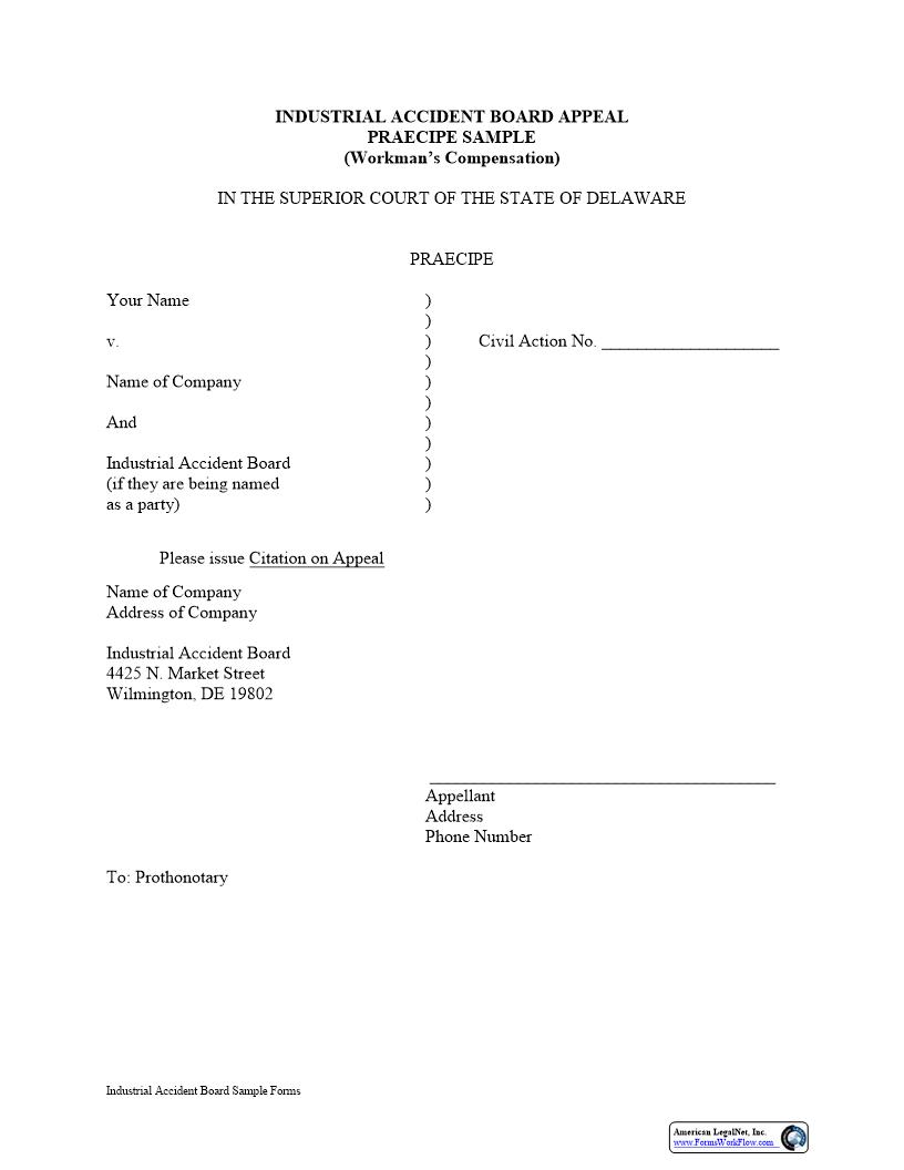 Industrial Accident Board Appeal (Workmans Compensation) {CIV-APP-02-A} | Pdf Fpdf Docx | Delaware