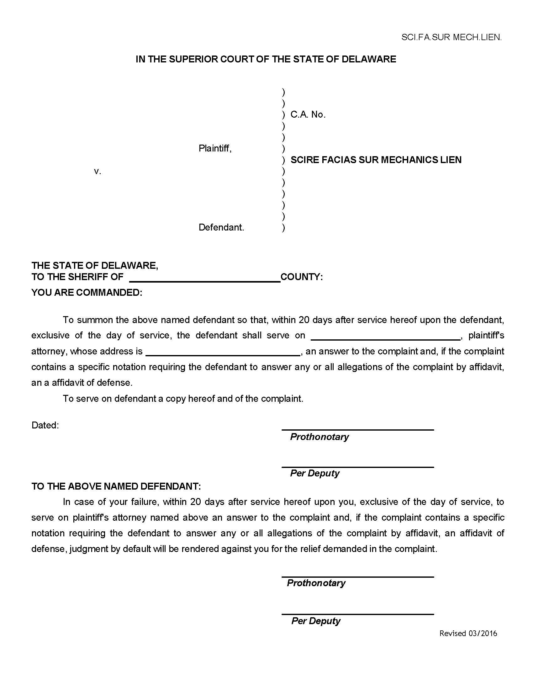 Mechanics Lien (Scire Facias Sur Mechanics Lien) | Pdf Fpdf Doc Docx | Delaware