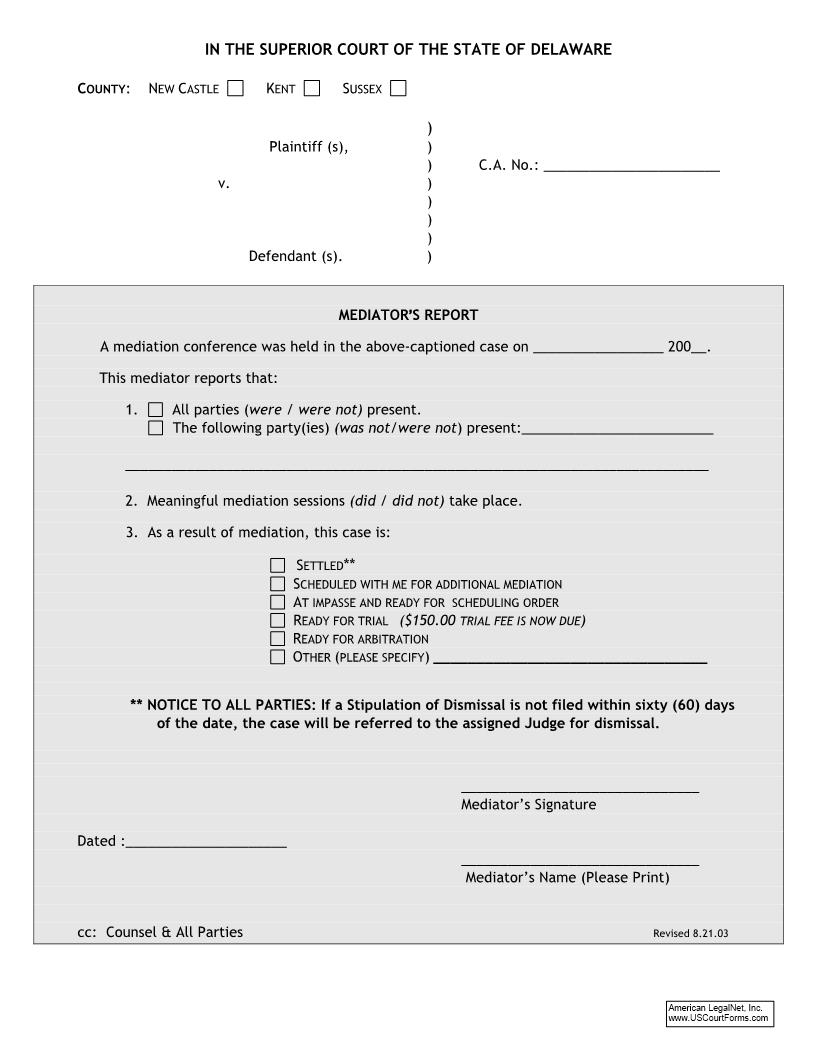 Mediators Report {ADR_MED_01_A} | Pdf Fpdf Docx | Delaware