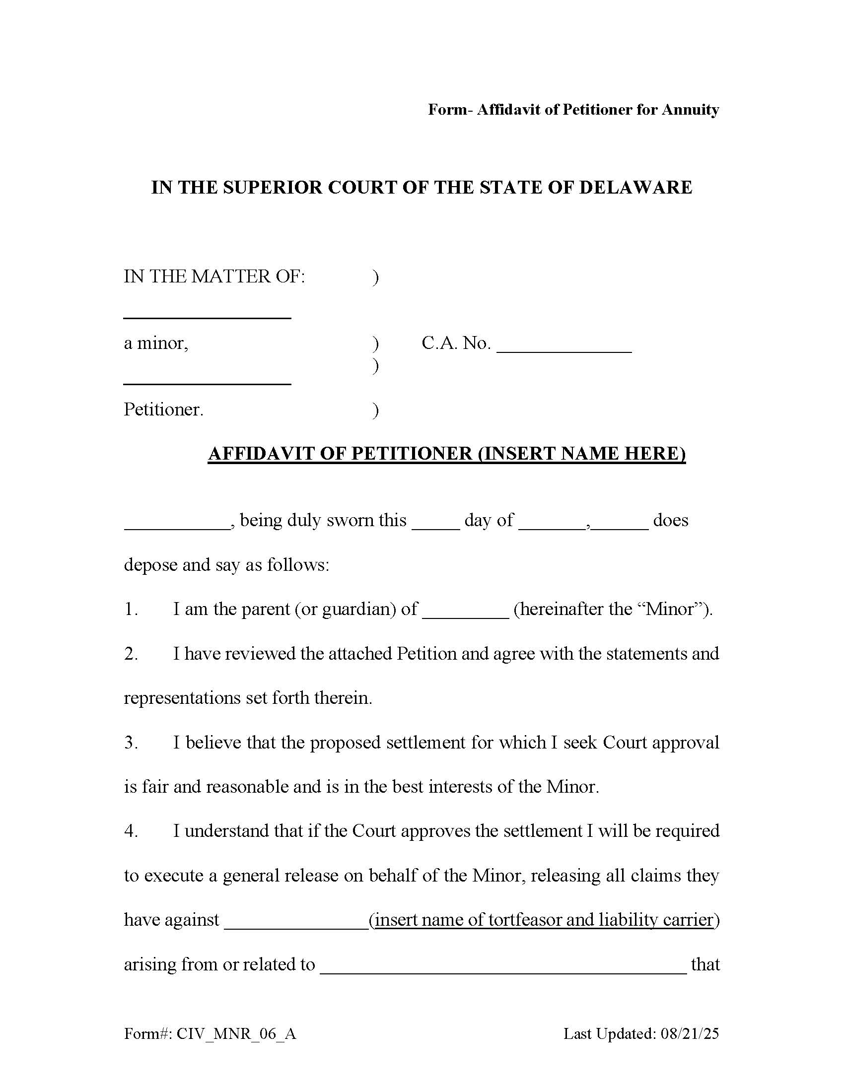 Minor Settlement Affidavit Of Petitioner For Annuity {CIV_MNR_06_A} | Pdf Fpdf Docx | Delaware