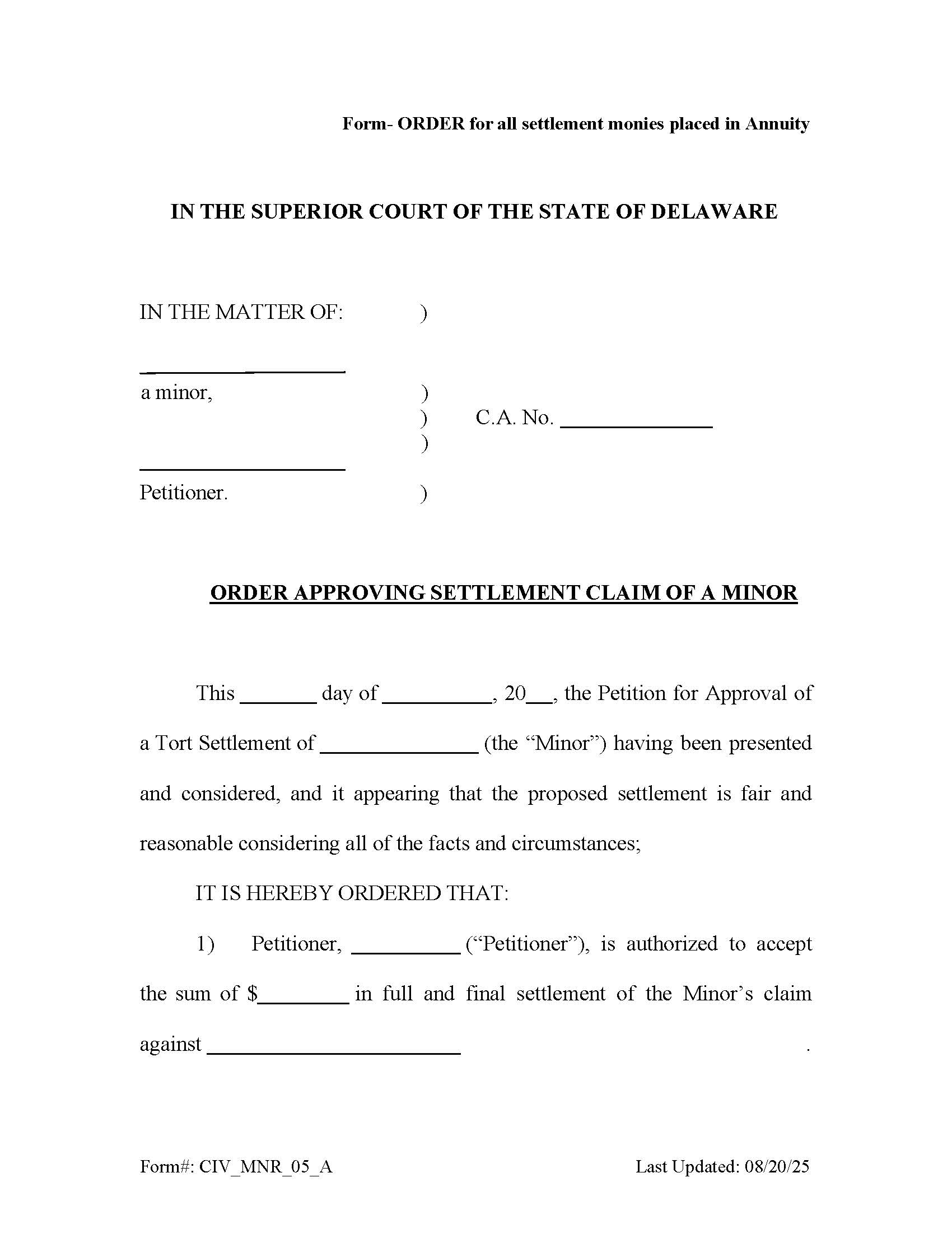 Minor Settlement Order For Annuity {CIV_MNR_05_A} | Pdf Fpdf Docx | Delaware