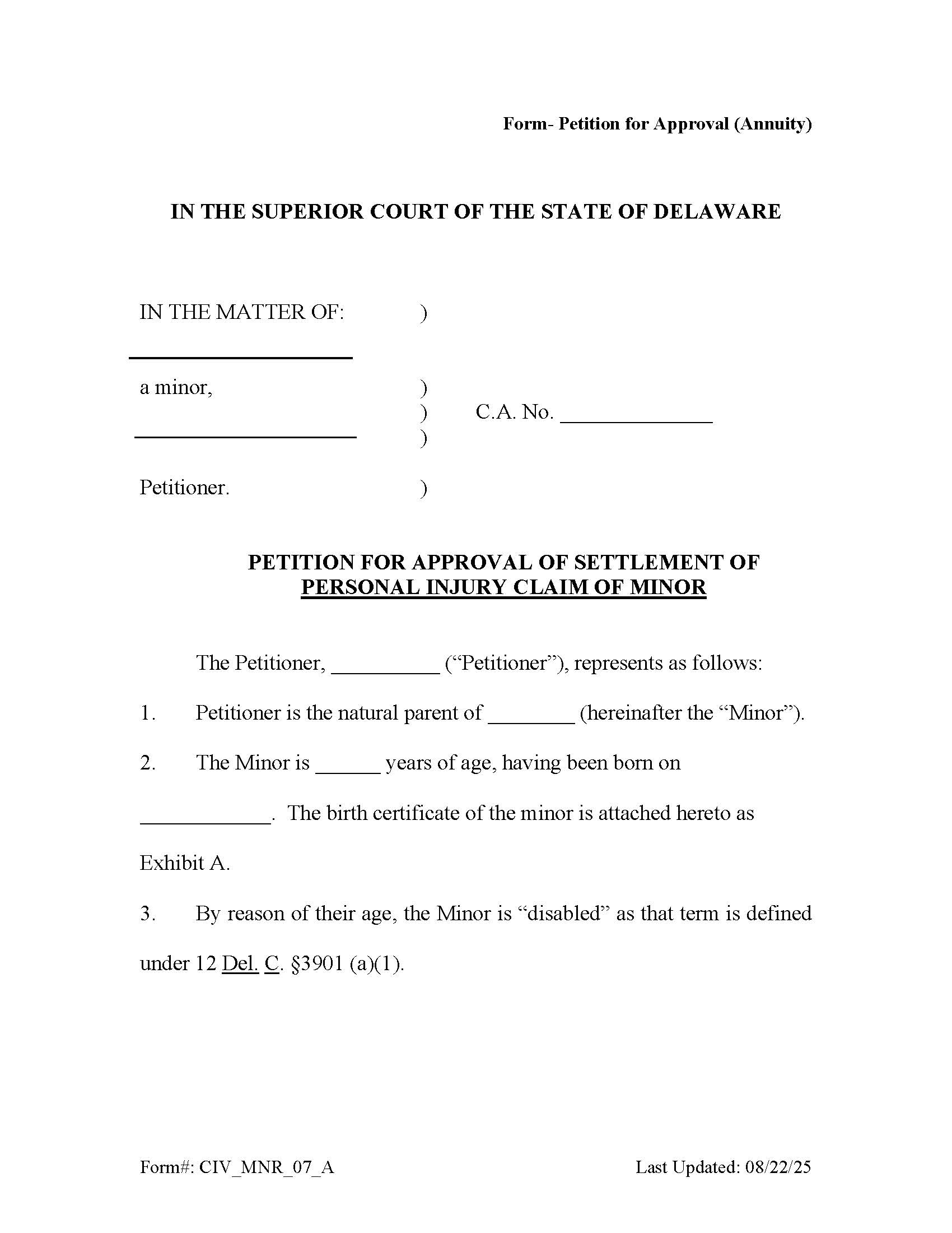 Minor Settlement Petition For Approval Annuity {CIV_MNR_07_A} | Pdf Fpdf Docx | Delaware