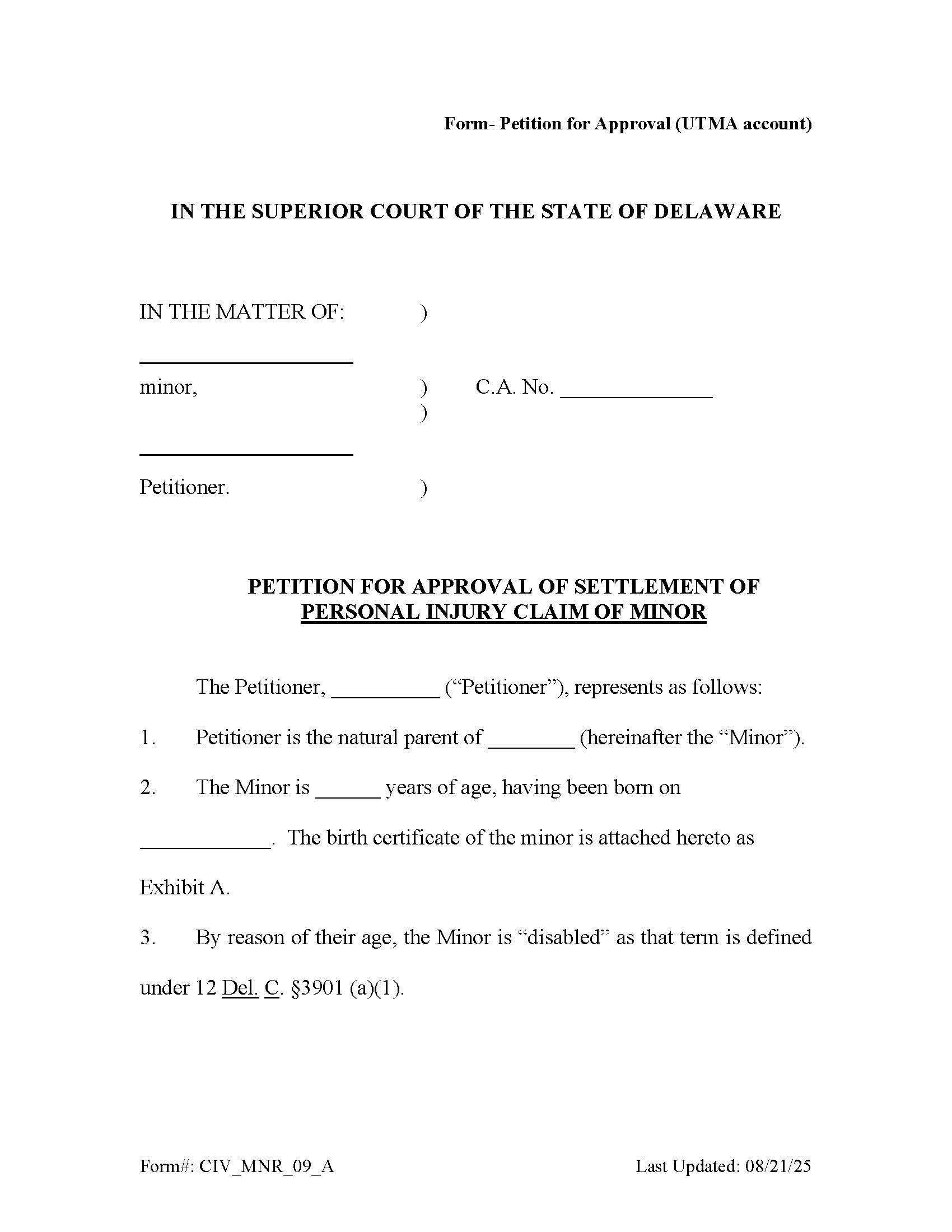 Minor Settlement Petition For Approval UTMA Account {CIV_MNR_09_A} | Pdf Fpdf Docx | Delaware