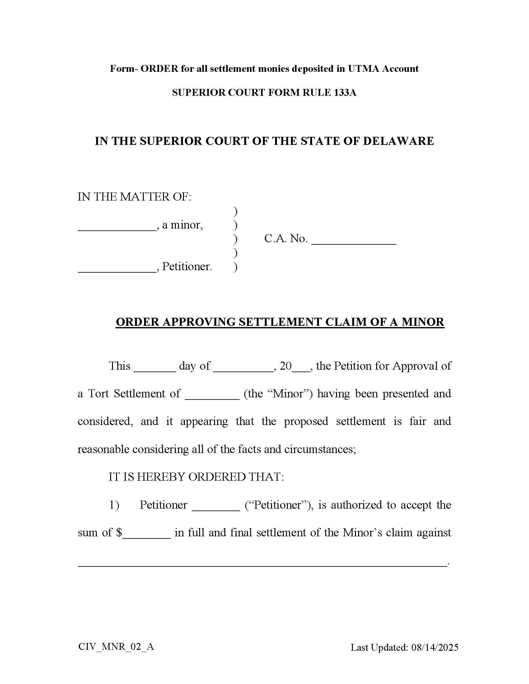 Minor Settlement UTMA Account Order {CIV-MNR_02_A} | Pdf Fpdf Docx | Delaware