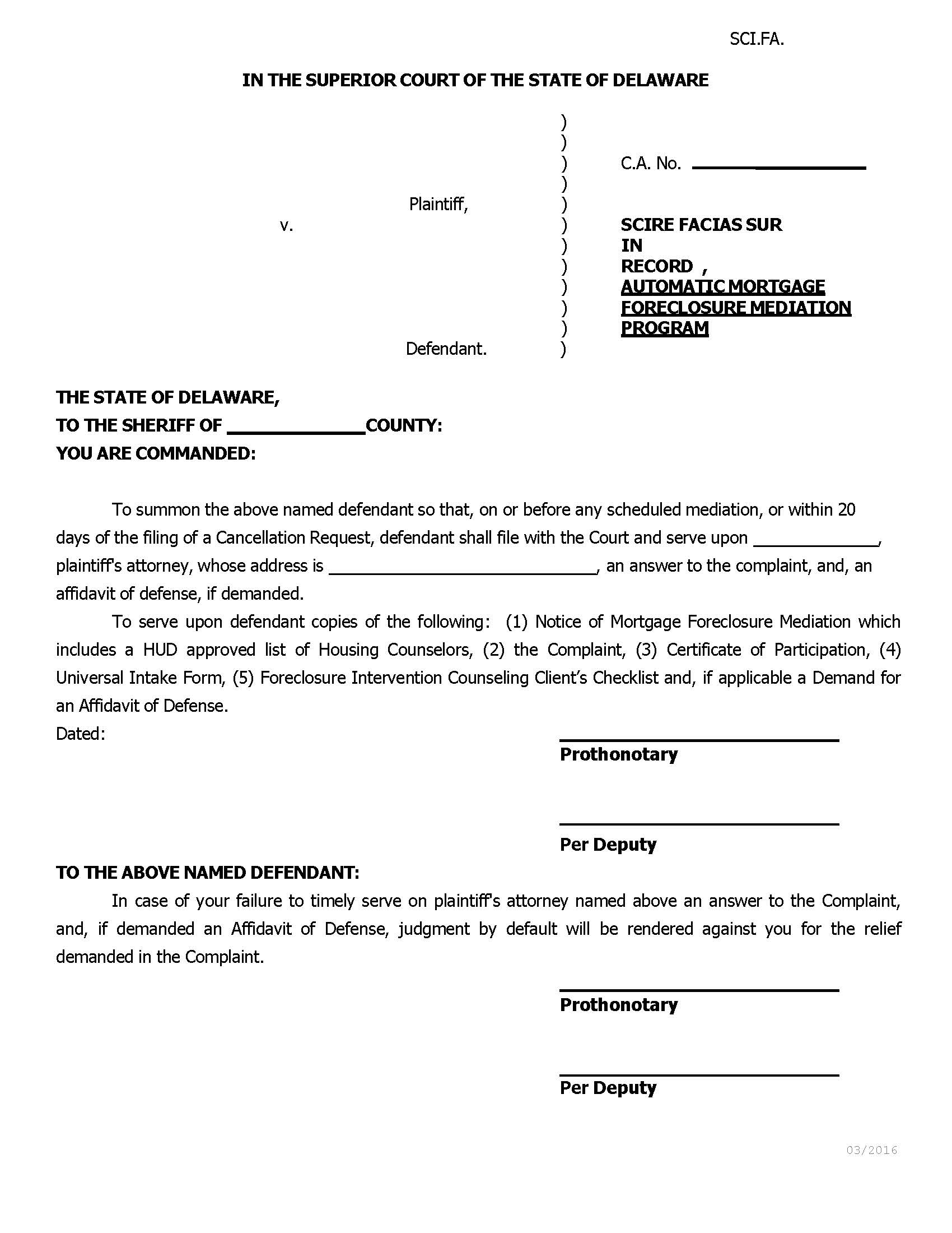 Mortgage Foreclosure Mediation Writ (Automated Residential) {CIV-WRT-07-A } | Pdf Fpdf Docx | Delaware