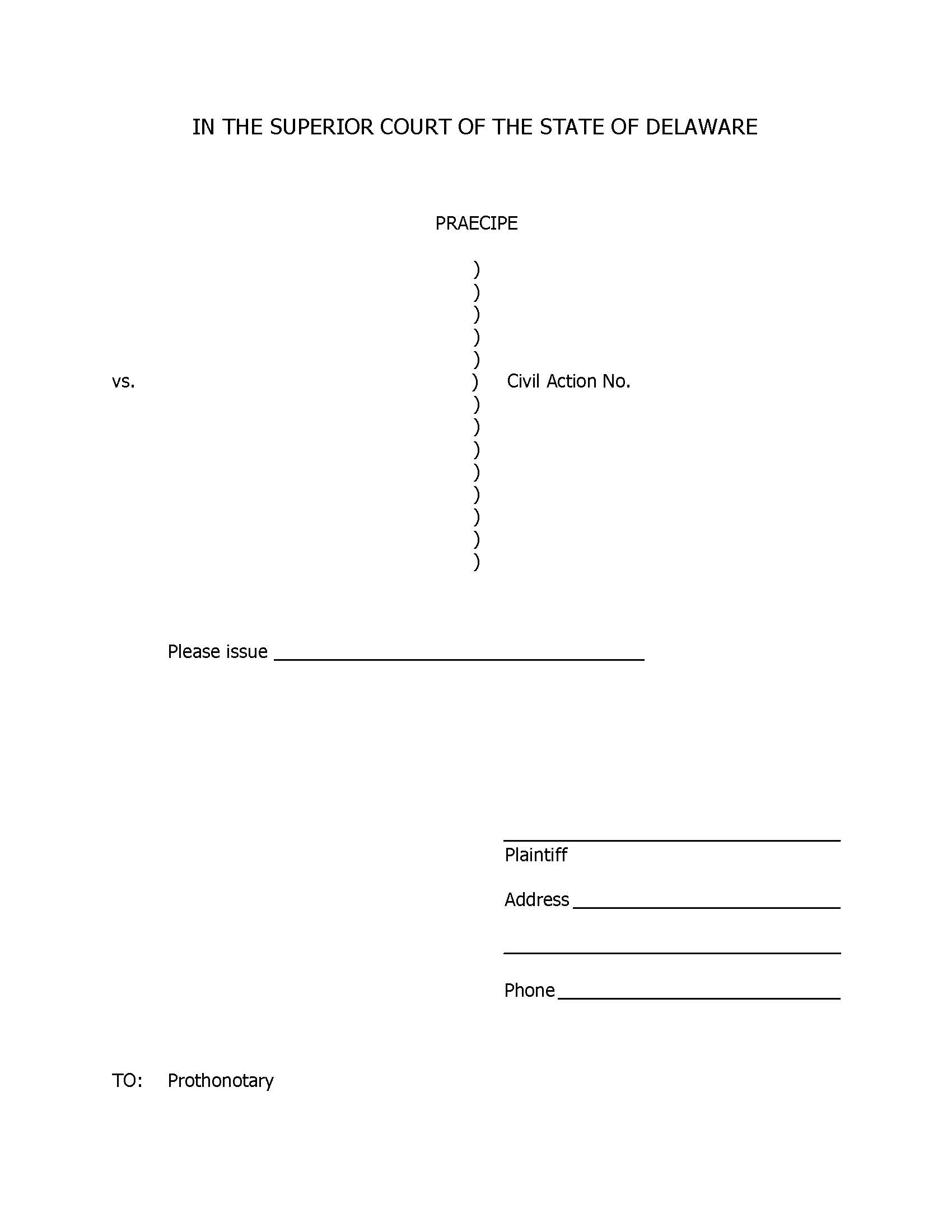 Praecipe (Civil With Sample) {CIV_CIV_05_A} | Pdf Fpdf Docx | Delaware